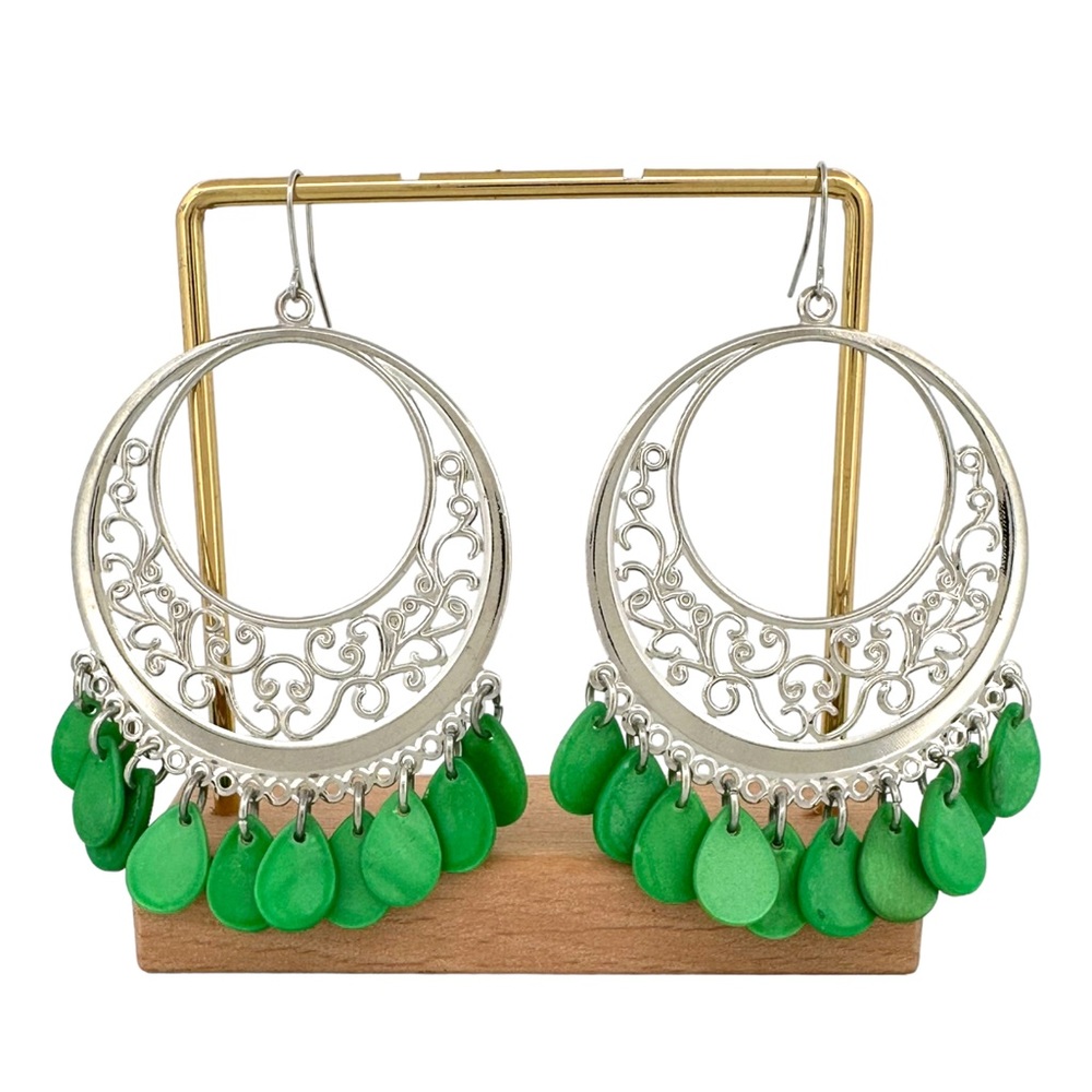 Green Mother of Pearl Silver-Toned Boho Filigree Chandelier Statement Earrings